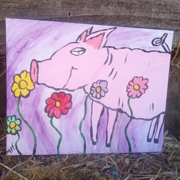Pig In Flowers Folk Art Painting - Picture 8 of 15